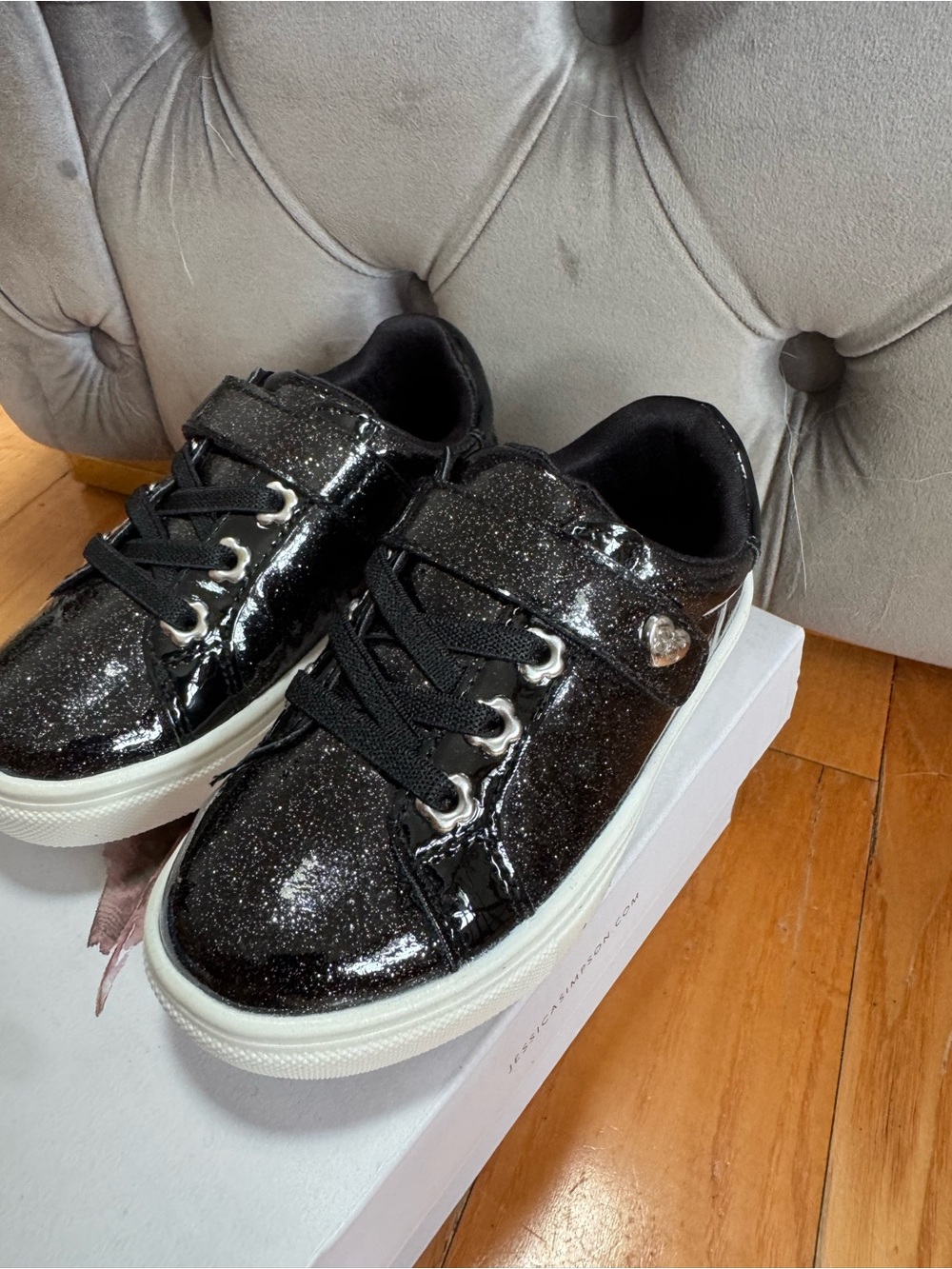 Jessica Simpson Black Glitter Kids Sneakers with Heart Accent